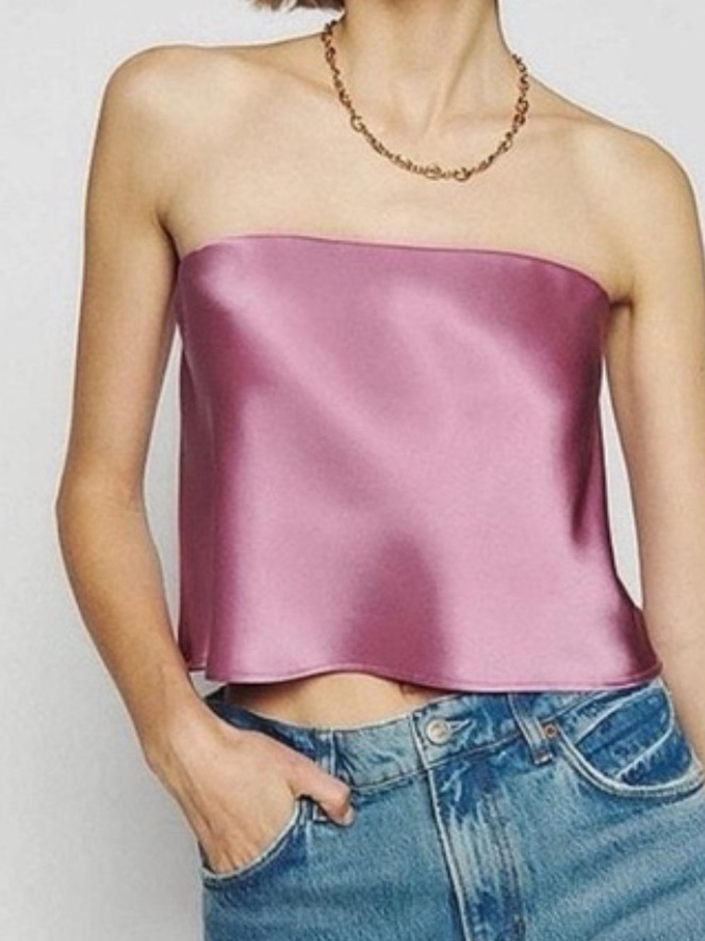 Reformation Sugar Plum Spritz 100% Silk Strapless Slightly Cropped Top NWOT Sz L